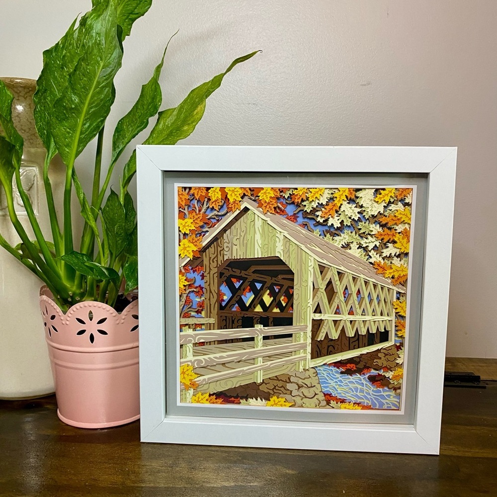 3D Fall Covered Bridge Shadowbox